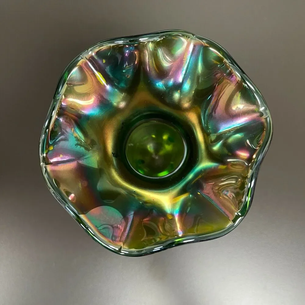 Dugan‎ Glass Green Multicolor Compote Vase Ruffle Tulip 6 3/8